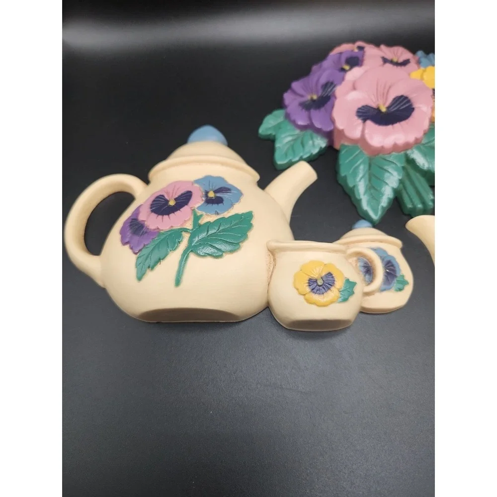 Vintage Burwood‎ Pansy Flower & Teapot Wall Hanging Plaques
